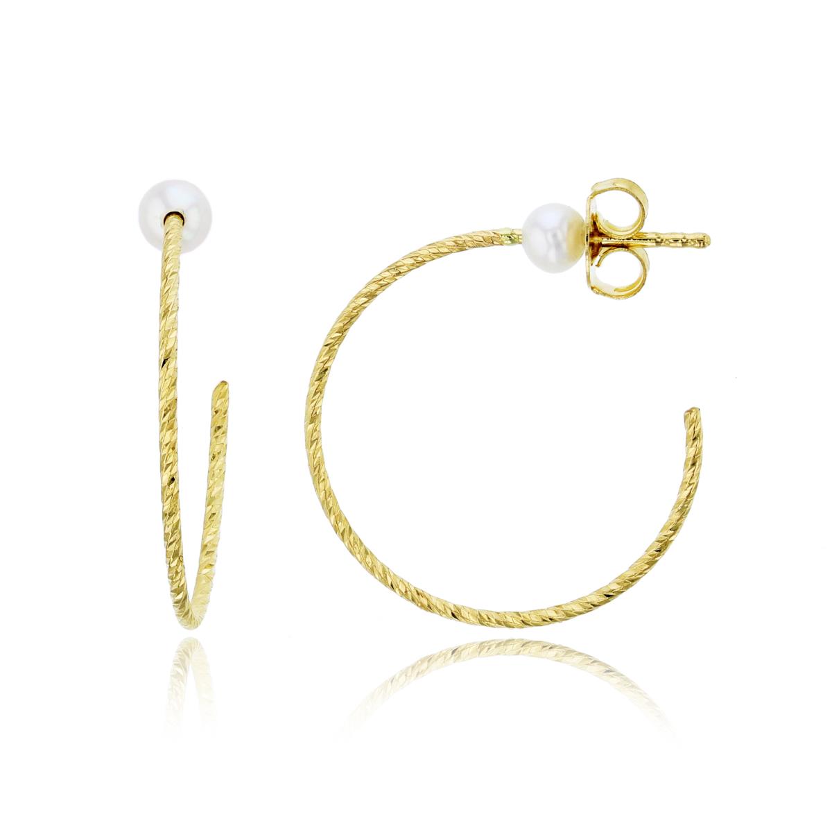 10K Yellow Gold 4mm FWP Bead & Twisted Diamond Cut Half Hoop Earring