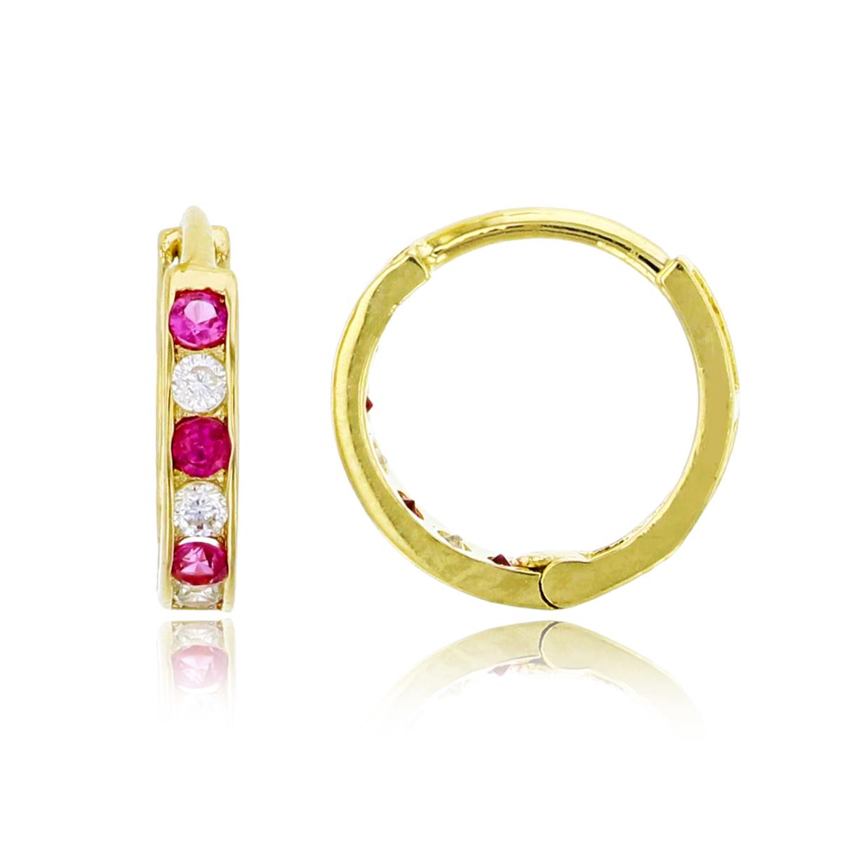 10K Yellow Gold 11x2mm 1-Row Alternating Ruby & White Rd Cut CZ Huggie Earring