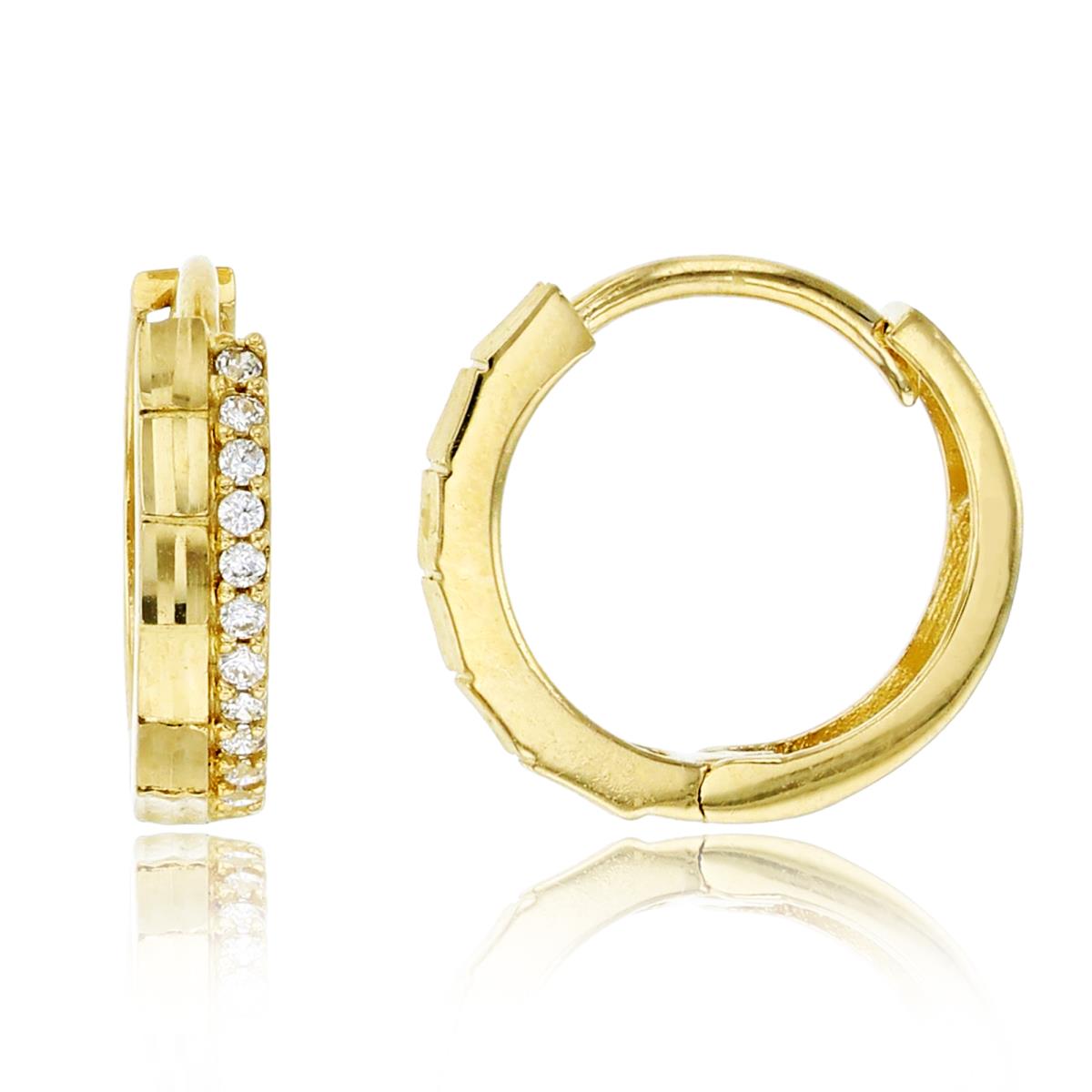 10K Yellow Gold 12x3mm 2-Row Diamond Cut & Micropave CZ Huggie Earring
