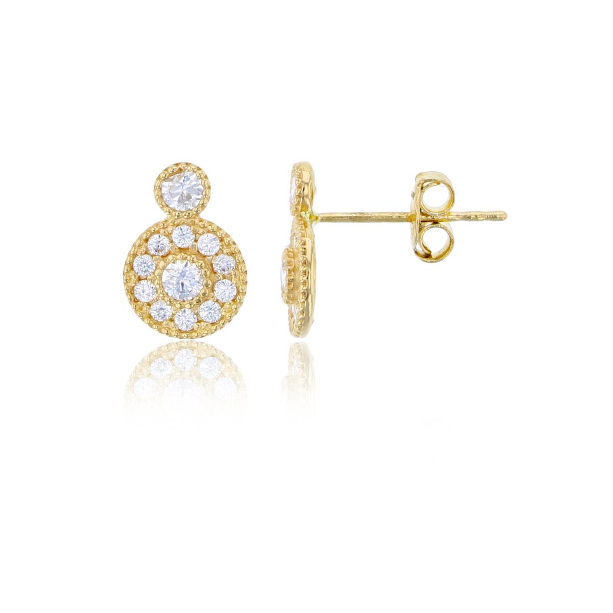 10K Yellow Gold 10x7mm Micropave CZ Milgrain Double Circle Stud Earring