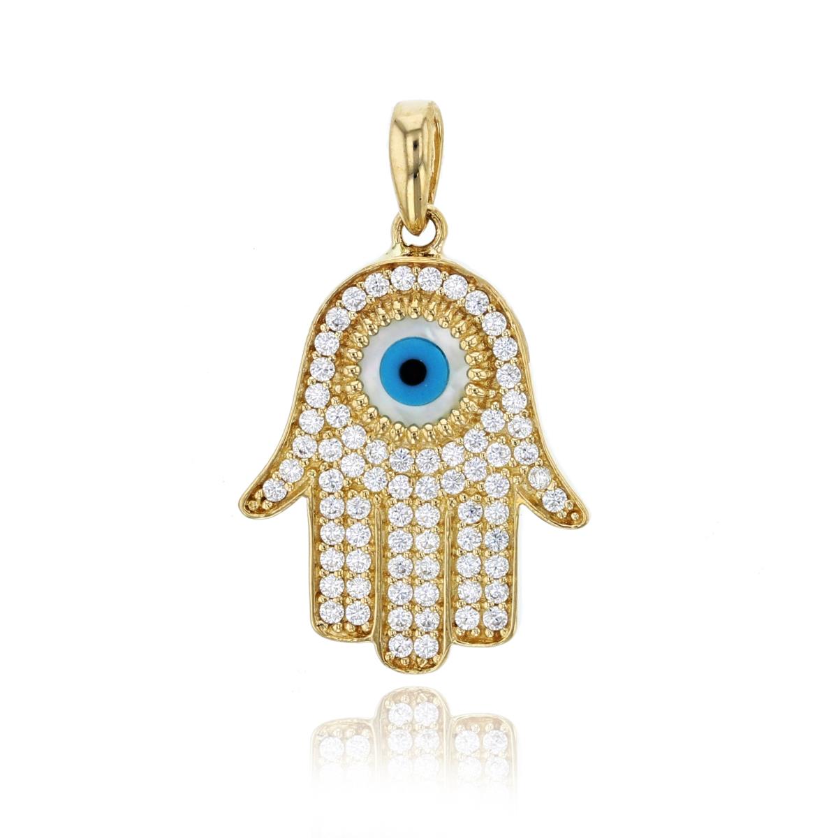 10K Yellow Gold 26x16mm Micropave CZ & Multi-Color Enamel Evil Eye Hamsa Pendant