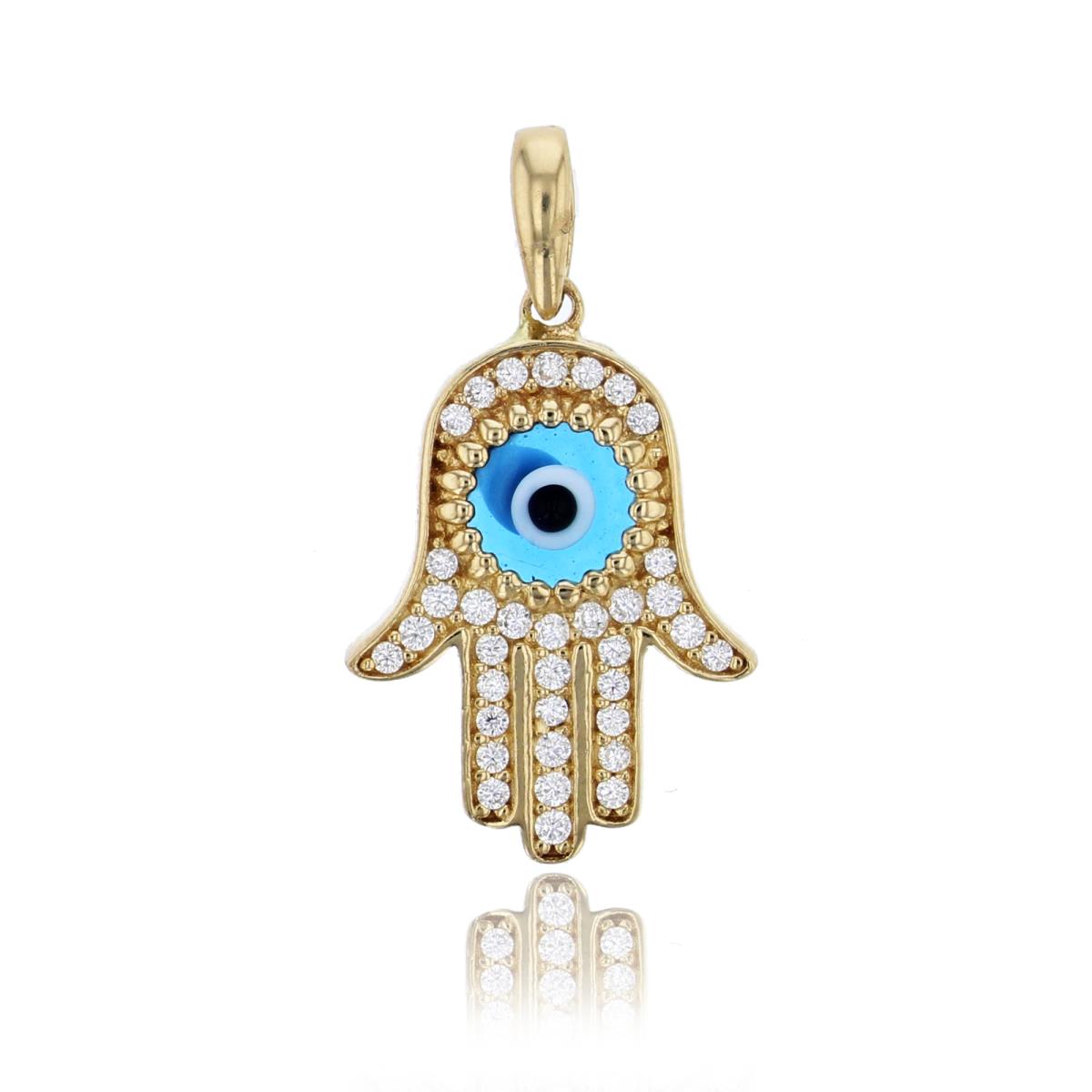 10K Yellow Gold 23x13mm Micropave CZ Milgrain Evil Eye Hamsa Pendant