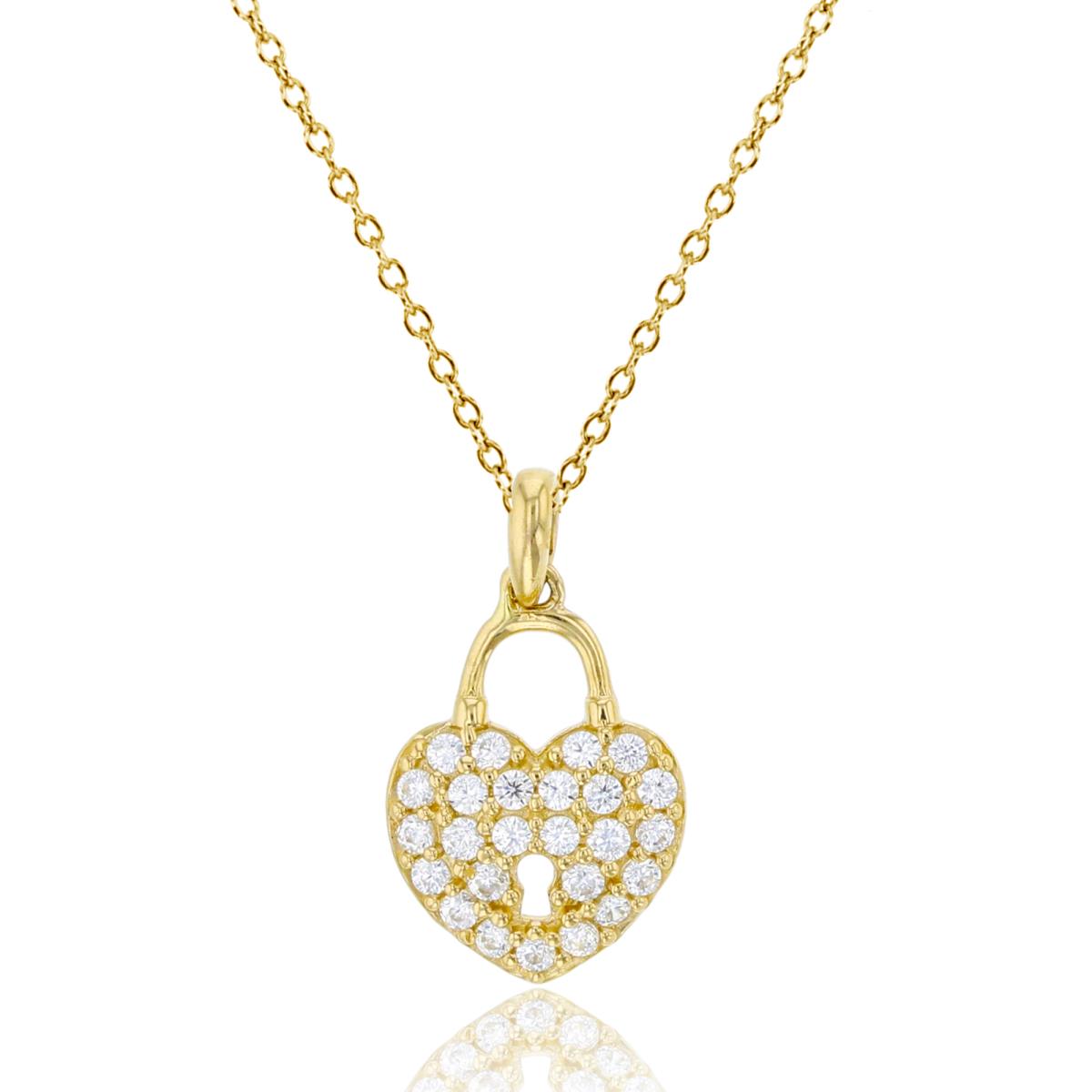 14K Yellow Gold Micropave CZ Heart Lock 18" Necklace