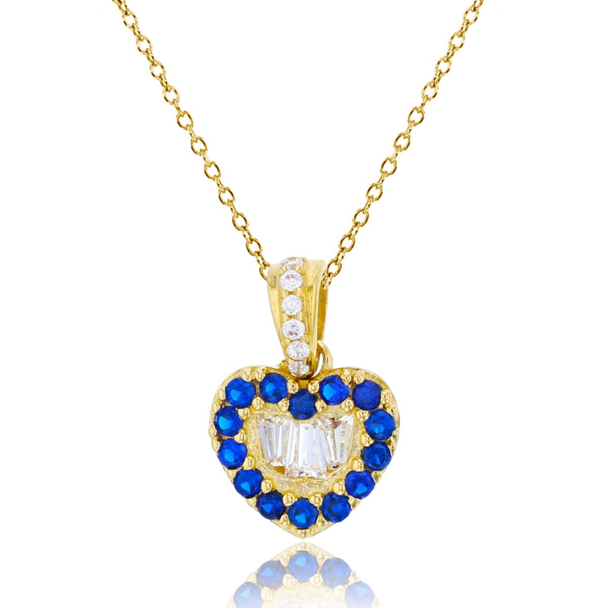 10K Yellow Gold Micropave Sapphire Rd Cut & White Baguette CZ Heart 18" Necklace