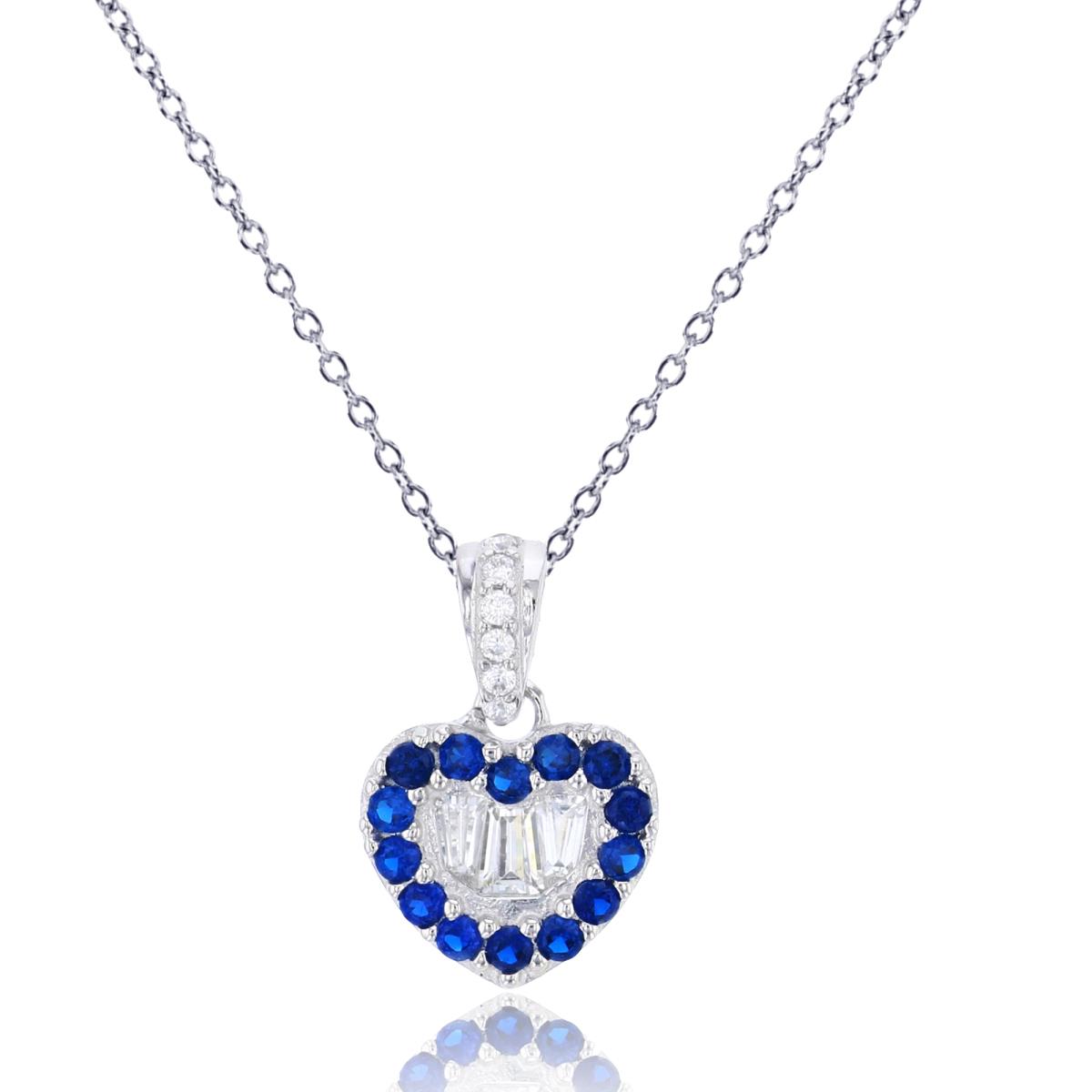 10K White Gold Micropave Sapphire Rd Cut & White Baguette CZ Heart 18" Necklace