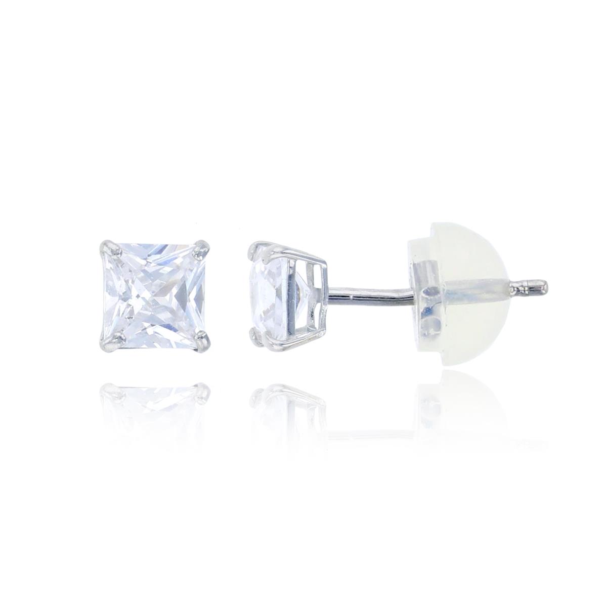 14K White Gold 3mm Princess Cut Solitaire Stud Earring