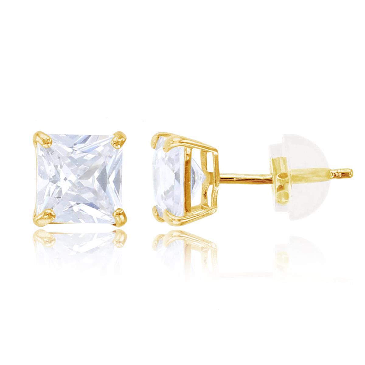 14K Yellow Gold 7mm Princess Cut Solitaire Stud  Earring
