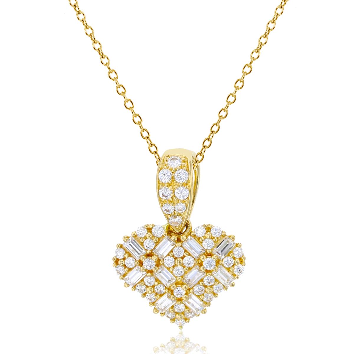10K Yellow Gold Micropave Rd Cut & Baguette CZ "X" Heart 18" Necklace