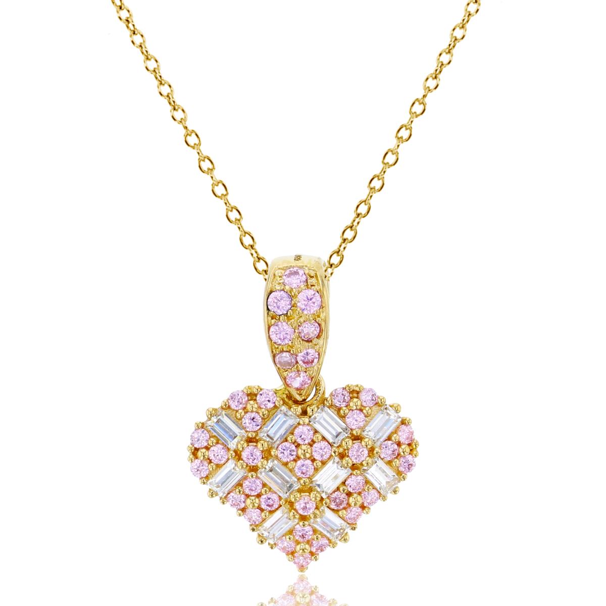 10K Yellow Gold Micropave Pink Rd Cut & White Baguette CZ "X" Heart 18" Necklace