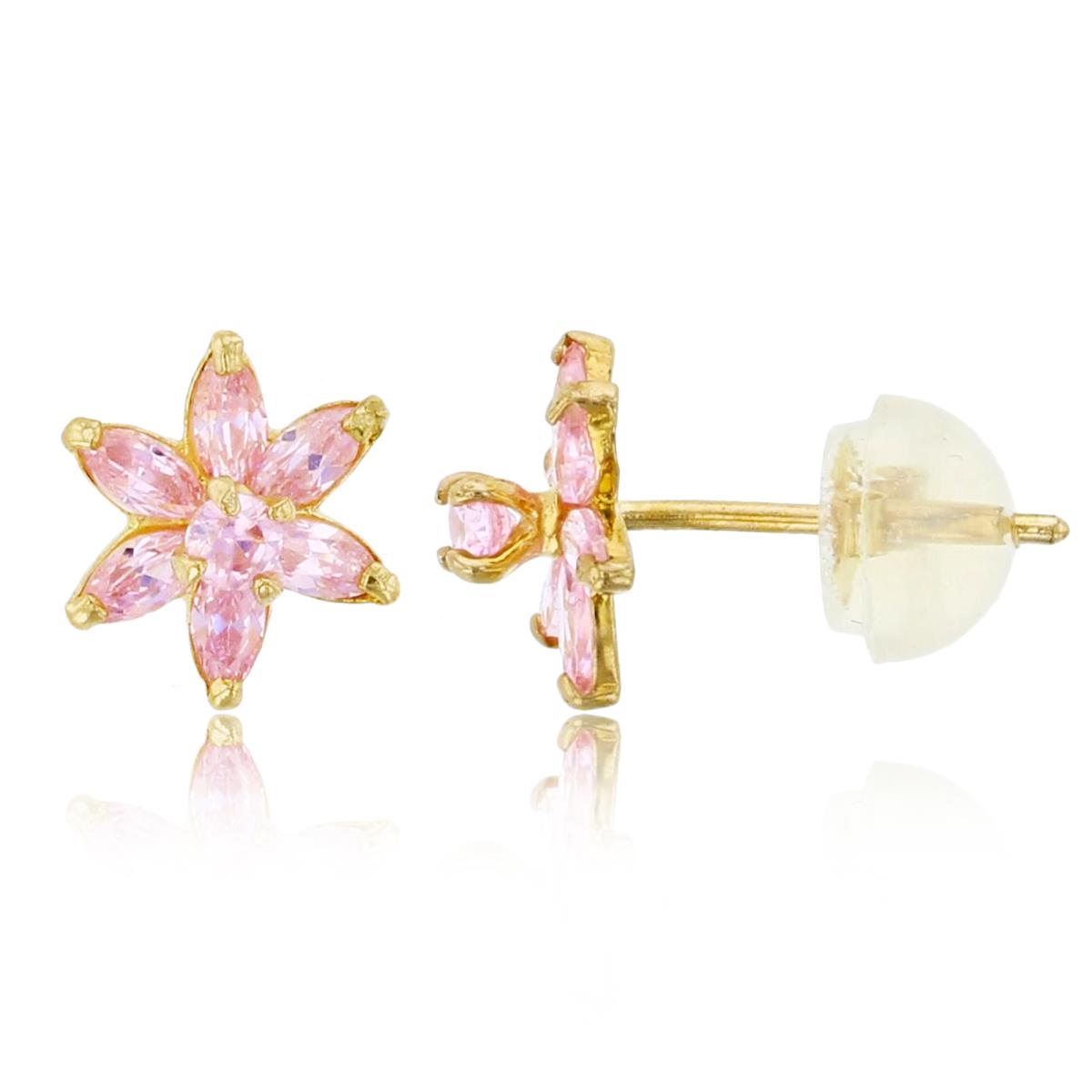 10K Yellow Gold Pink Marquise & Round Cut CZ Lily Stud Earring