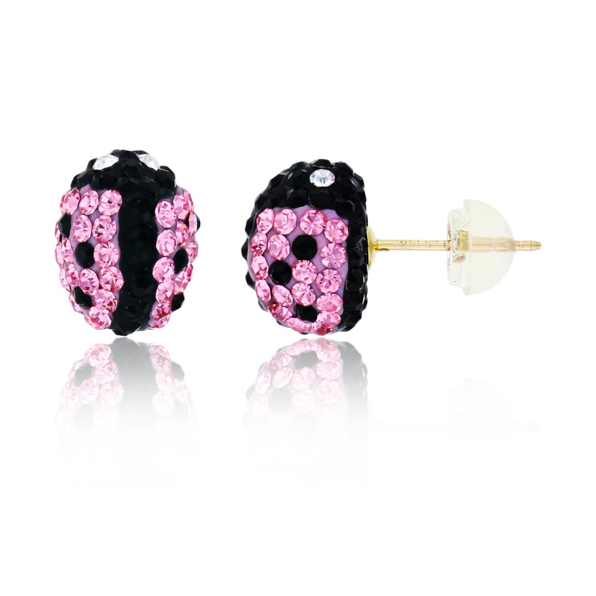 14K Yellow Gold Pink & Black Crystals Lady Bug Stud Earring