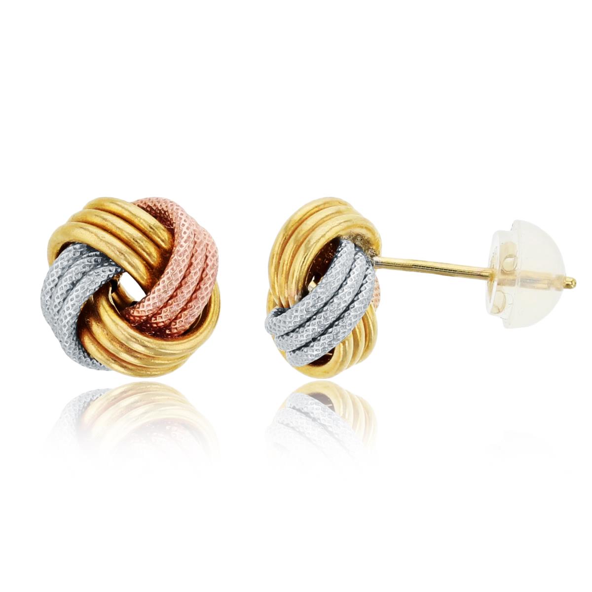 10K Tri-Color Gold 9x9mm Polished & Textured Love Knot Stud Earring