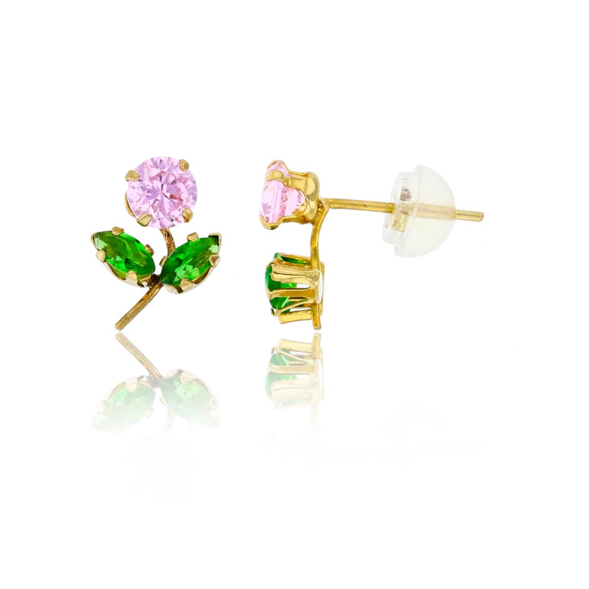 10K Yellow Gold Pink & Emerald CZ Flower Stud Earring