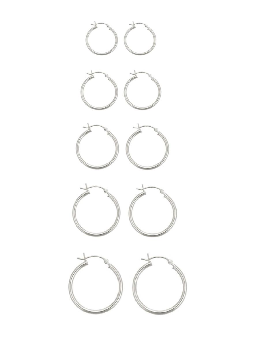 Sterling Silver Rhodium 2x15mm;2x20mm;2x25mm;2x30mm;2x40mm 5-PR Polished Hoop Earring Set