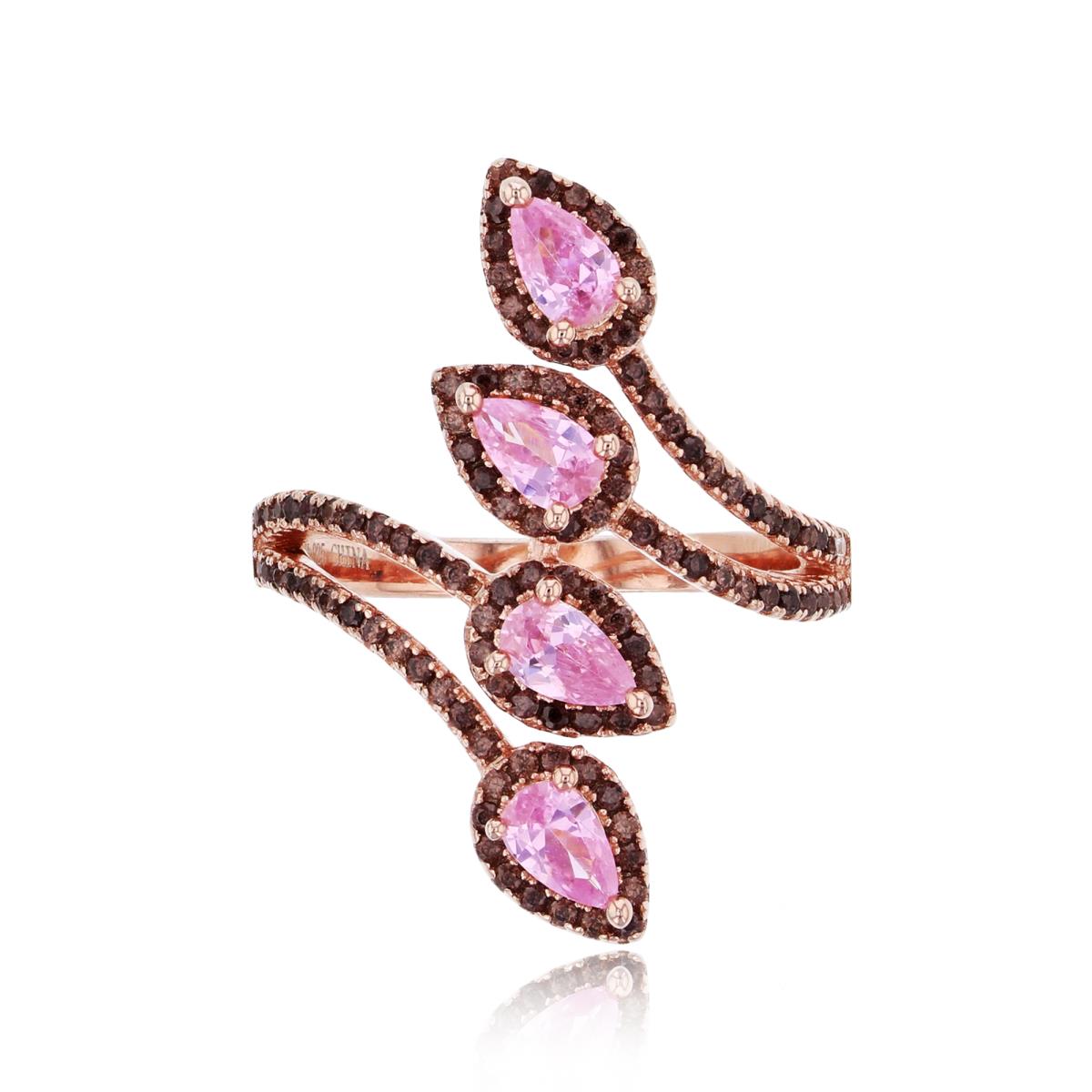 Sterling Silver Rose 1-Micron 4-Strand Pink Pear Cut & Brown CZ Halo Bypass Fashion Ring