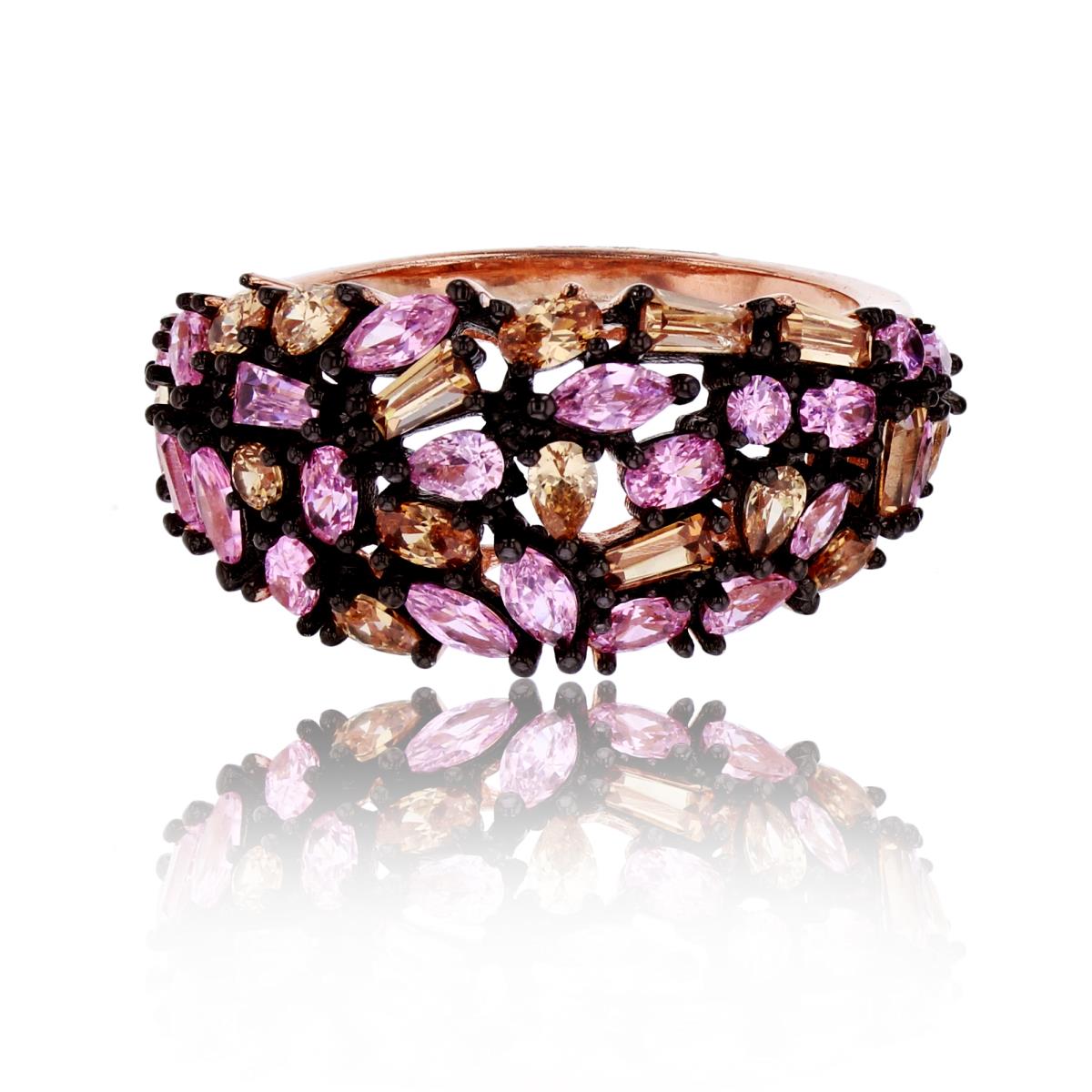 Sterling Silver Black & Rose 1-Micron Pave Pink & Champagne Multi Cut CZ Domed Fashion Ring