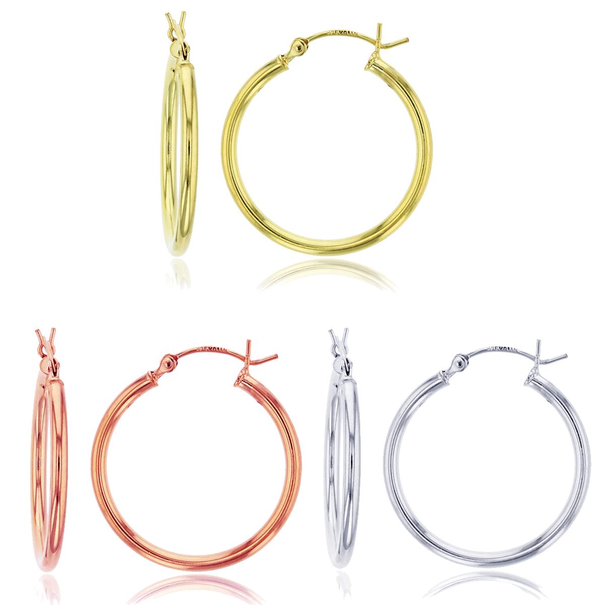 Sterling Silver Rhodium, Yellow & Rose Polished 2x30mm Hoop Earring Set