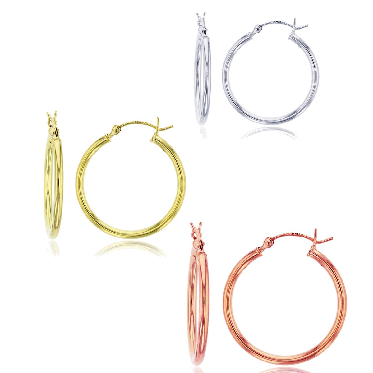 Sterling Silver Rhodium 2x15mm, Yellow 2x20mm & Rose 2x30mm Hoop Earring Set