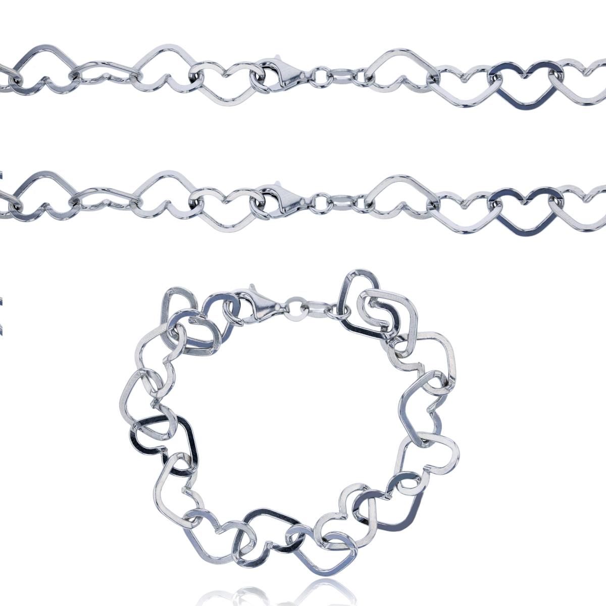 Sterling Silver Silver Plated 9.20mm 7";18";20" Flat Heart Interlocking Link Chains (Set Of 3)