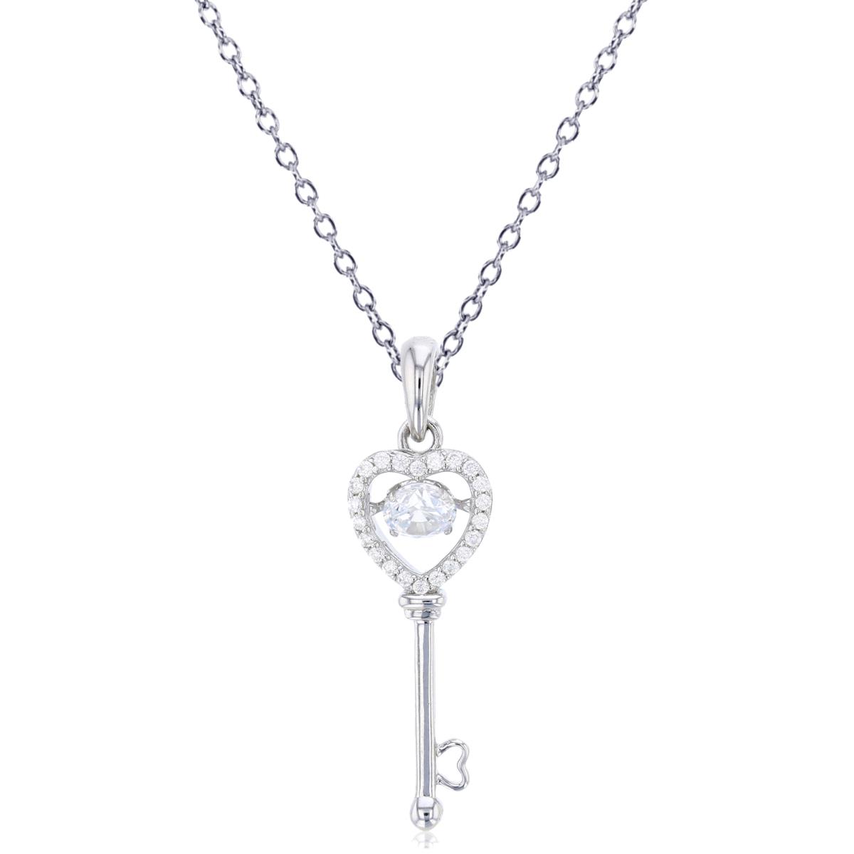 Sterling Silver Rhodium 4mm Rd Cut Twinkle Setting Inside Micropave CZ Heart Key 18" Necklace