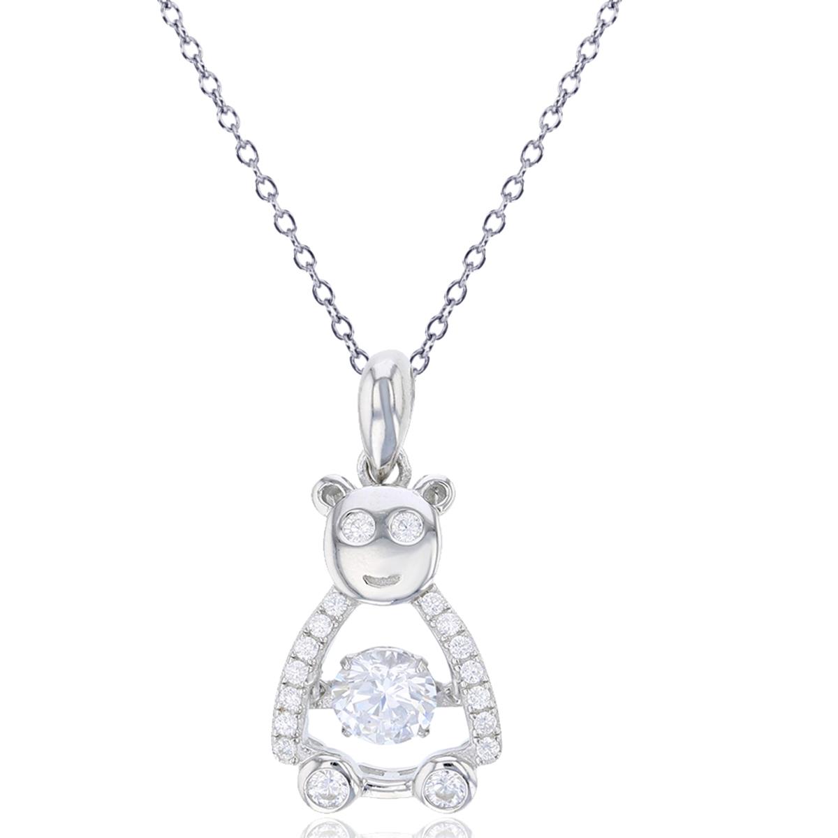 Sterling Silver Rhodium 5mm Rd Cut Twinkle Setting Inside Micropave CZ Teddy Bear 18" Necklace
