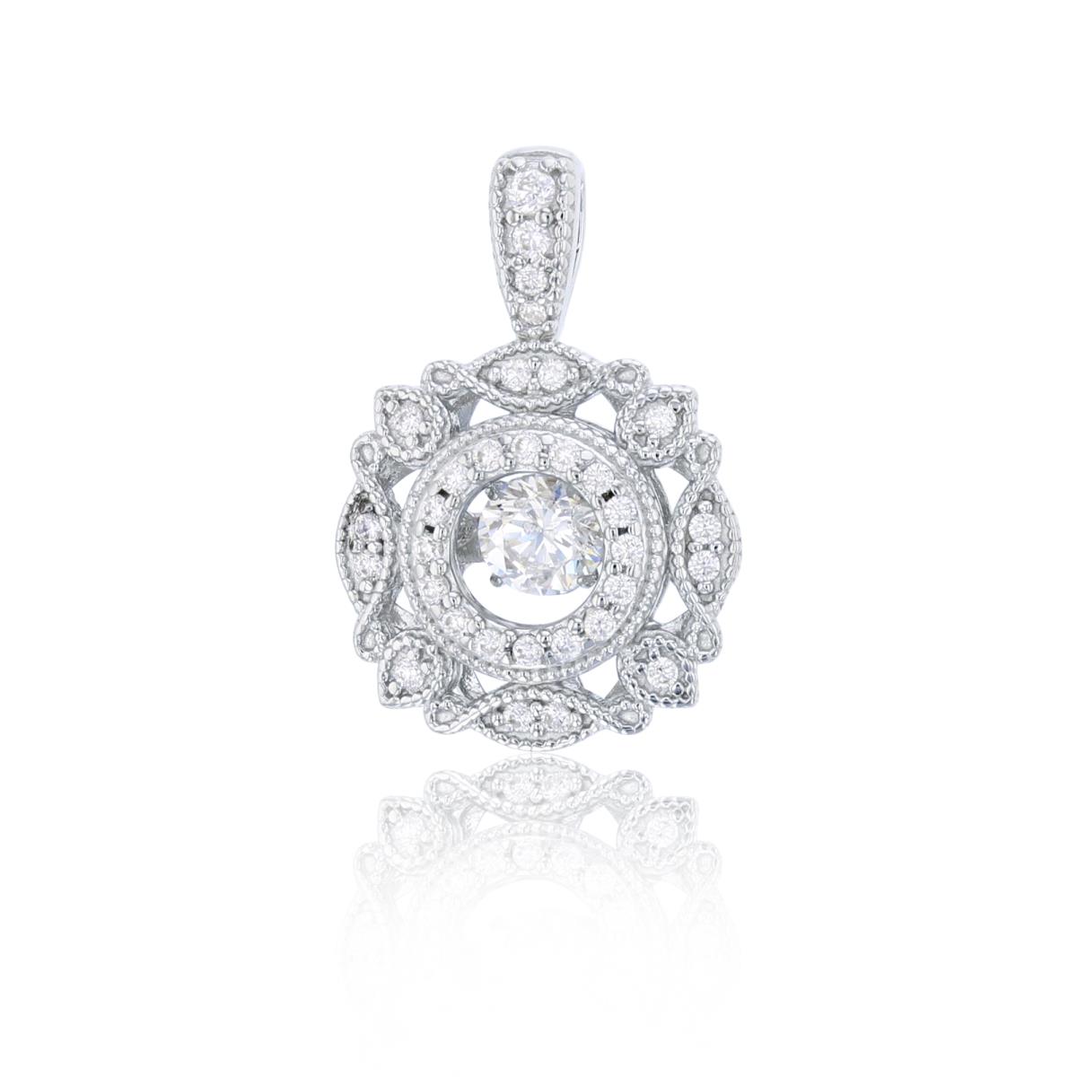 Sterling Silver Rhodium 4mm Rd Cut Twinkle Setting Inside Micropave CZ Milgrain Vintage Pendant