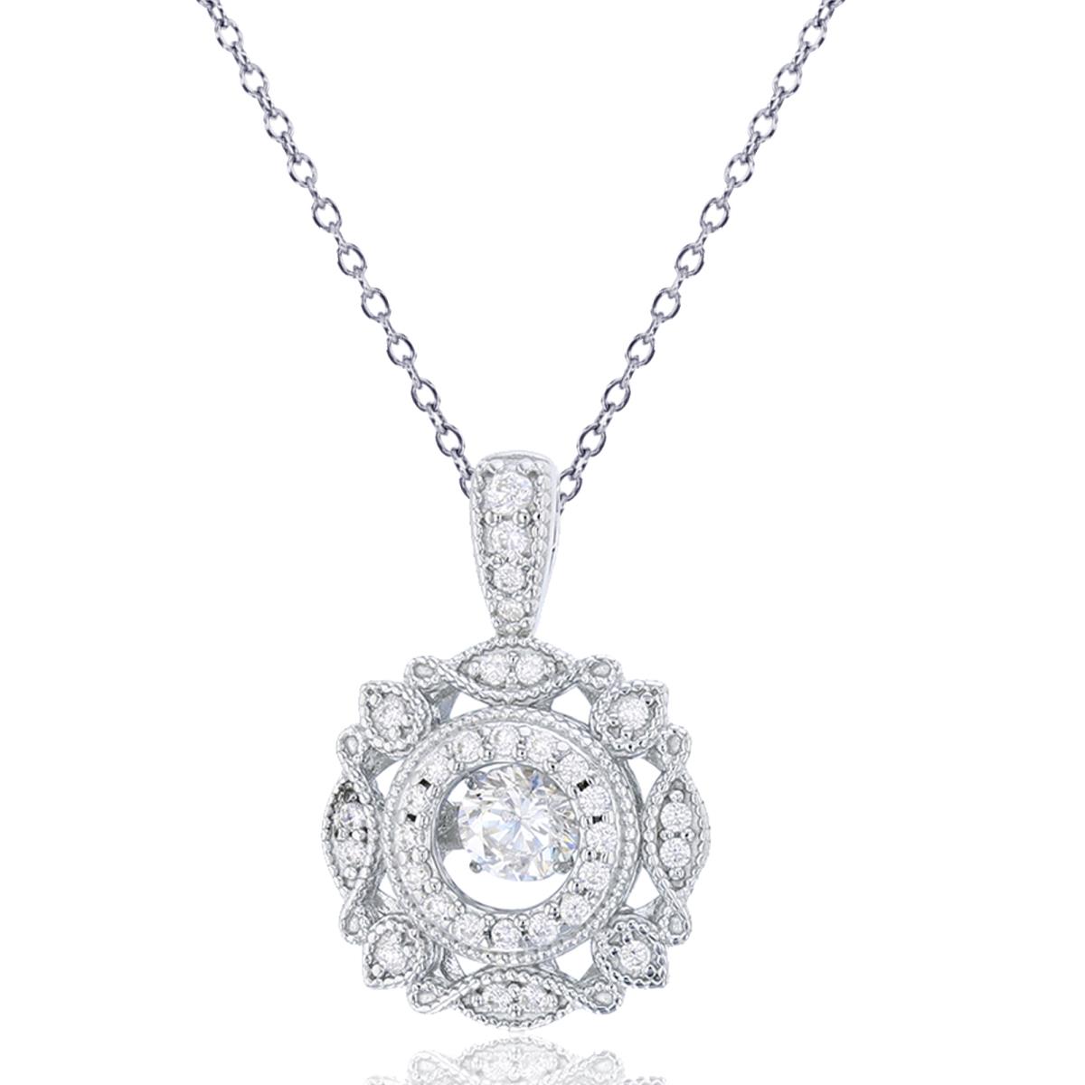 Sterling Silver Rhodium 4mm Rd Cut Twinkle Setting Inside Micropave CZ Milgrain Vintage 18" Necklace