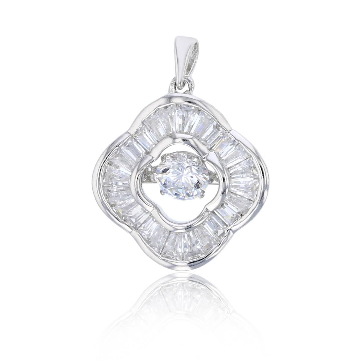 Sterling Silver Rhodium 5mm Rd Cut Twinkle Setting Inside Baguette CZ Clover Pendant