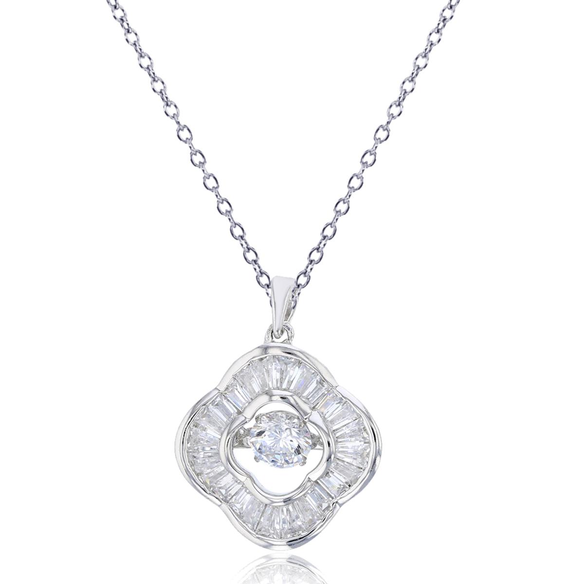 Sterling Silver Rhodium 5mm Rd Cut Twinkle Setting Inside Baguette CZ Clover 18" Necklace