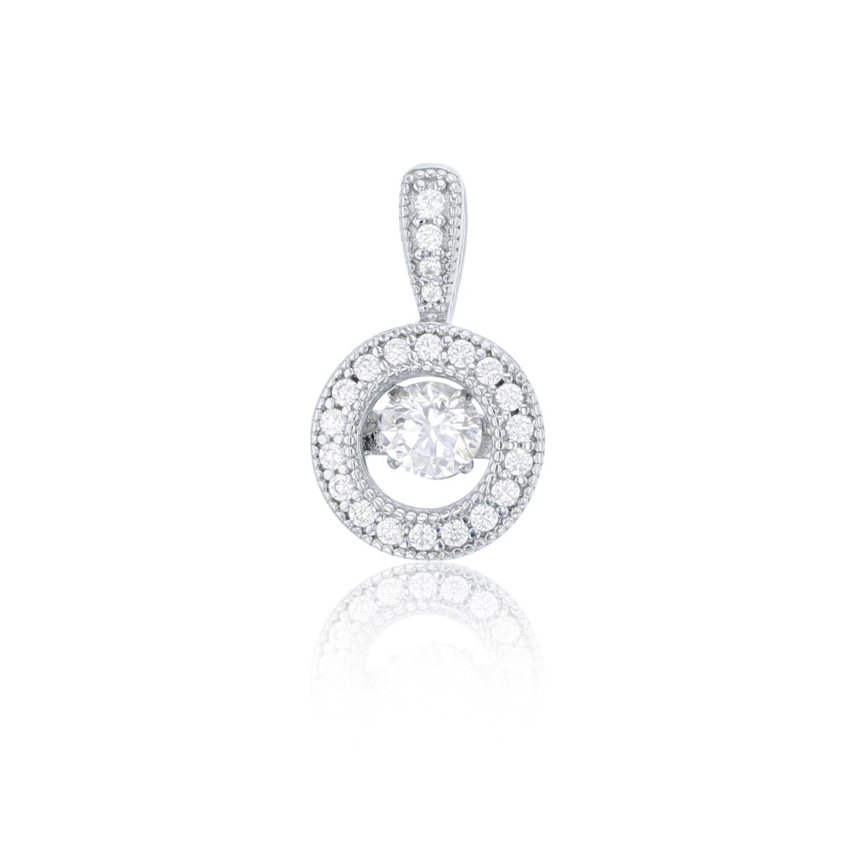 Sterling Silver Rhodium 4mm Rd Cut Twinkle Setting Inside Micropave CZ Milgrain Circle Pendant