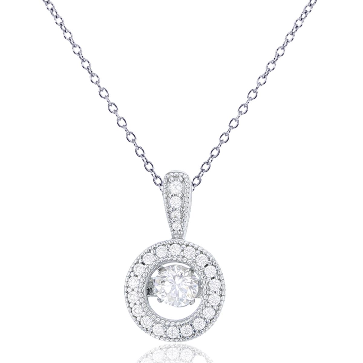 Sterling Silver Rhodium 4mm Rd Cut Twinkle Setting Inside Micropave CZ Milgrain Circle 18" Necklace