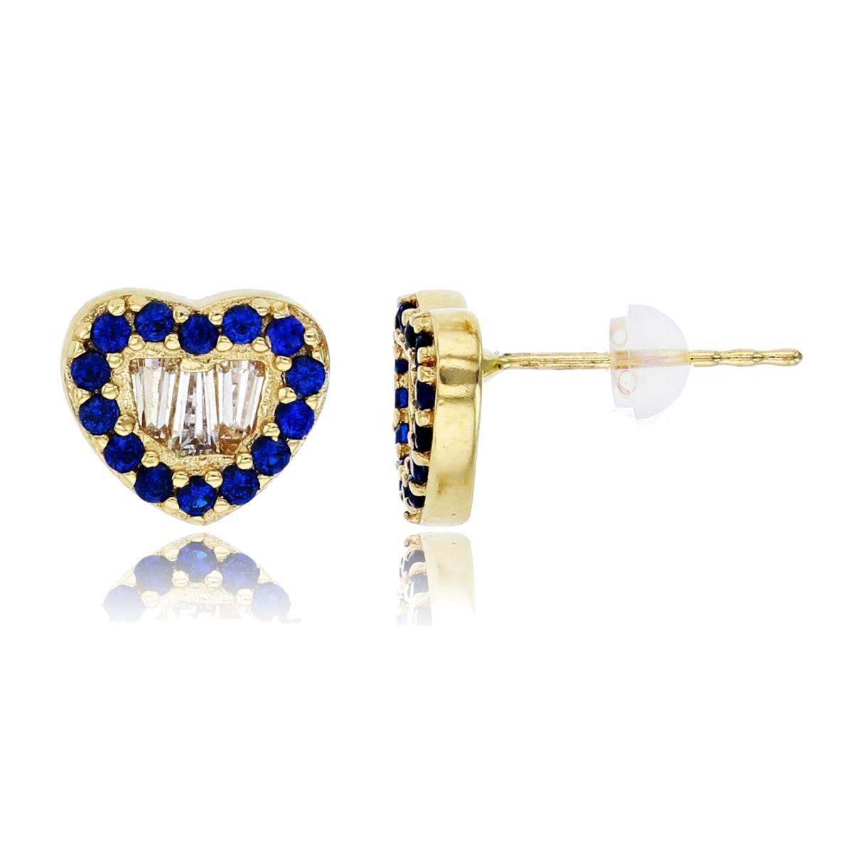 10K Yellow Gold 7x8mm Micropave Sapphire Rd Cut & White Baguette CZ Heart Stud Earring with Silicone Back