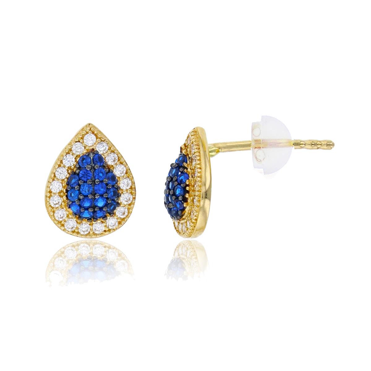 14K Yellow Gold 9x8mm Micropave Sapphire & White CZ Domed Pear-Shaped Stud Earring with Silicone Back
