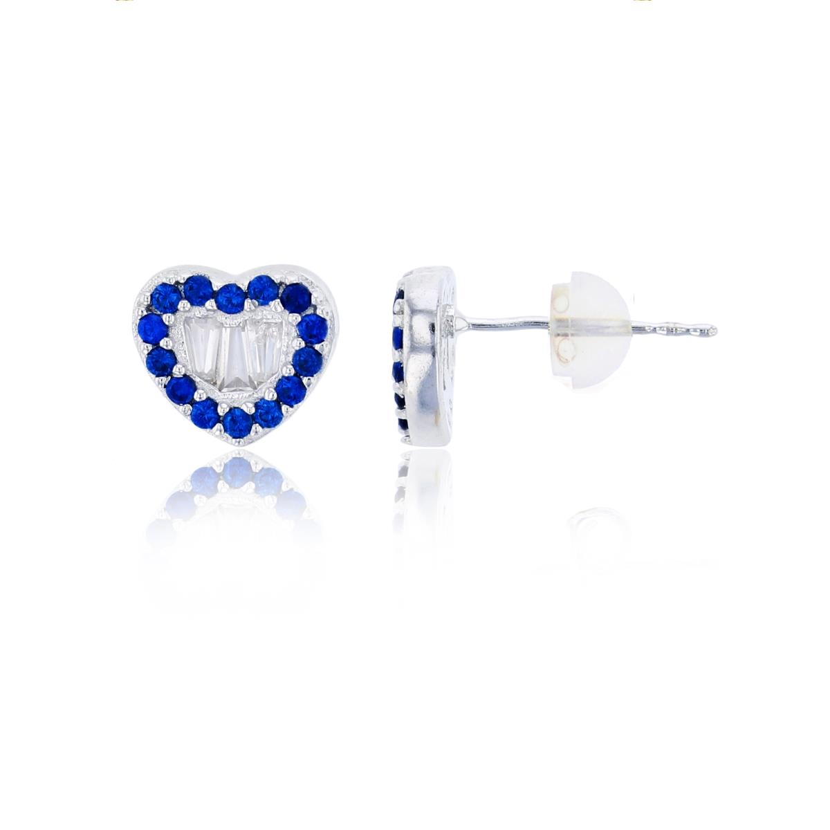 10K White Gold 7x8mm Micropave Sapphire Rd Cut & White Baguette CZ Heart Stud Earring with Silicone Back 