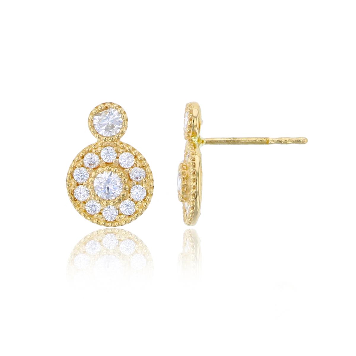 14K Yellow Gold 10x7mm Micropave CZ Milgrain Double Circle Stud Earring (No Back)