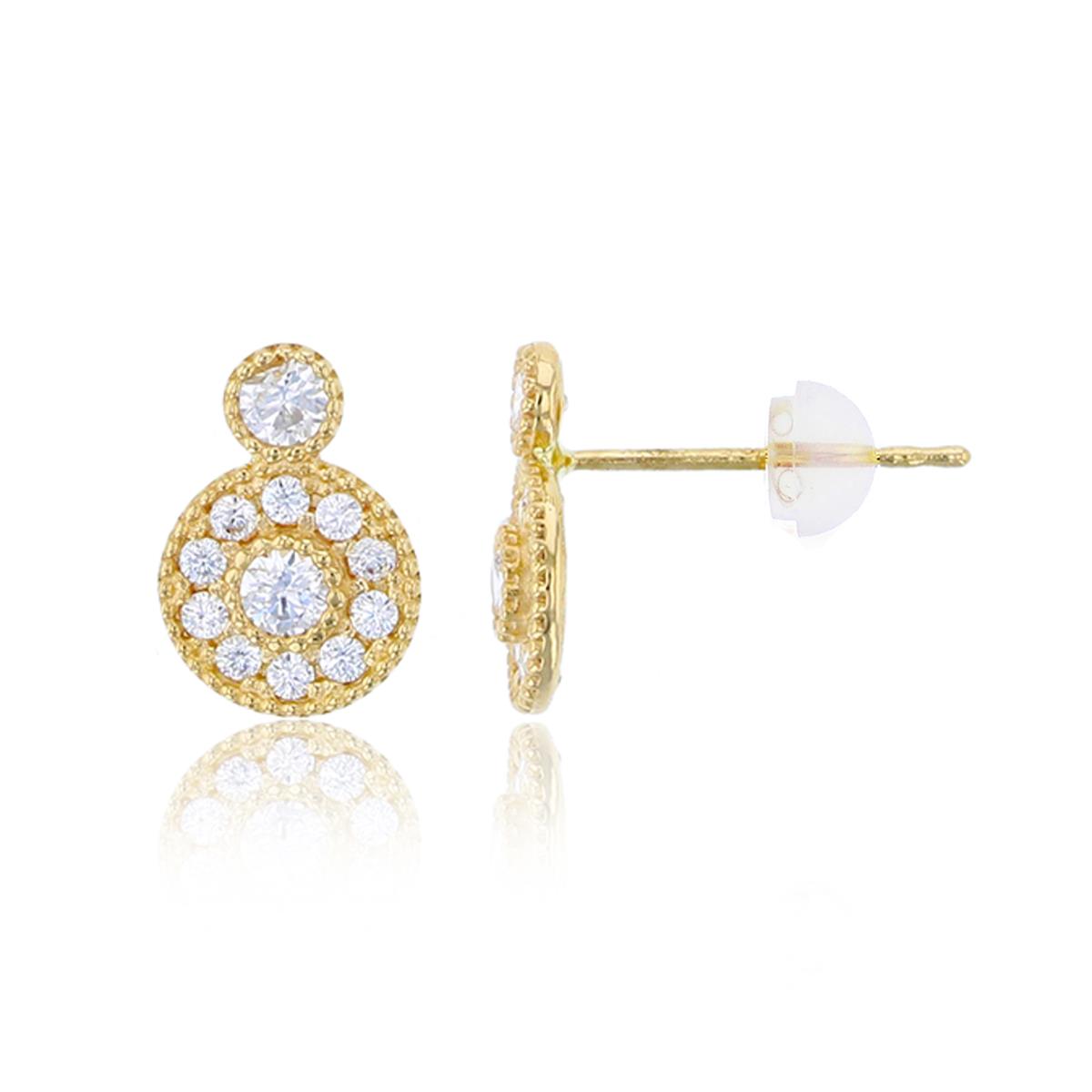 14K Yellow Gold 10x7mm Micropave CZ Milgrain Double Circle Stud Earring with Silicone Back