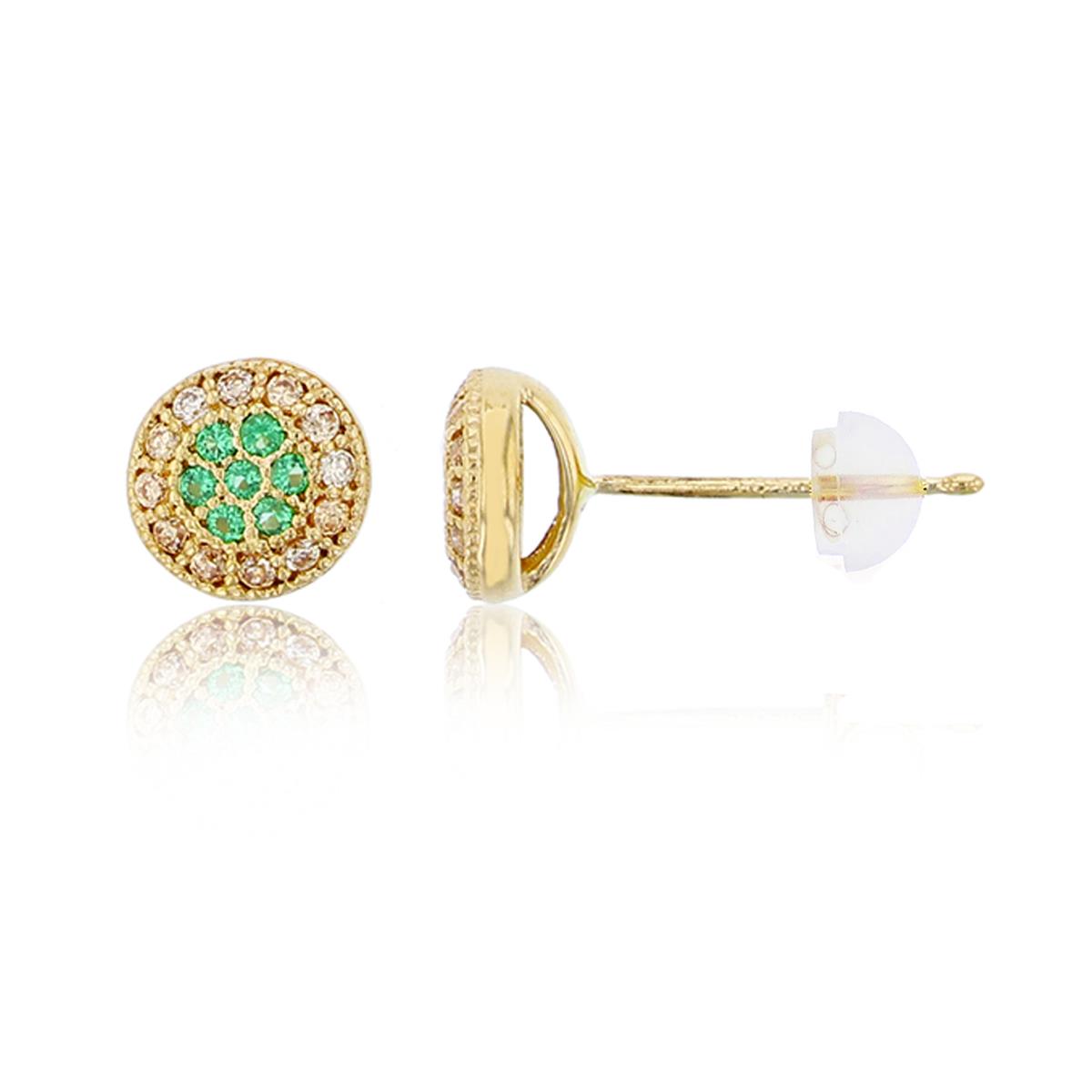 10K Yellow Gold 6x6mm Micropave Emerald & Champagne CZ Milgrain Cluster Stud Earring with Silicone Back