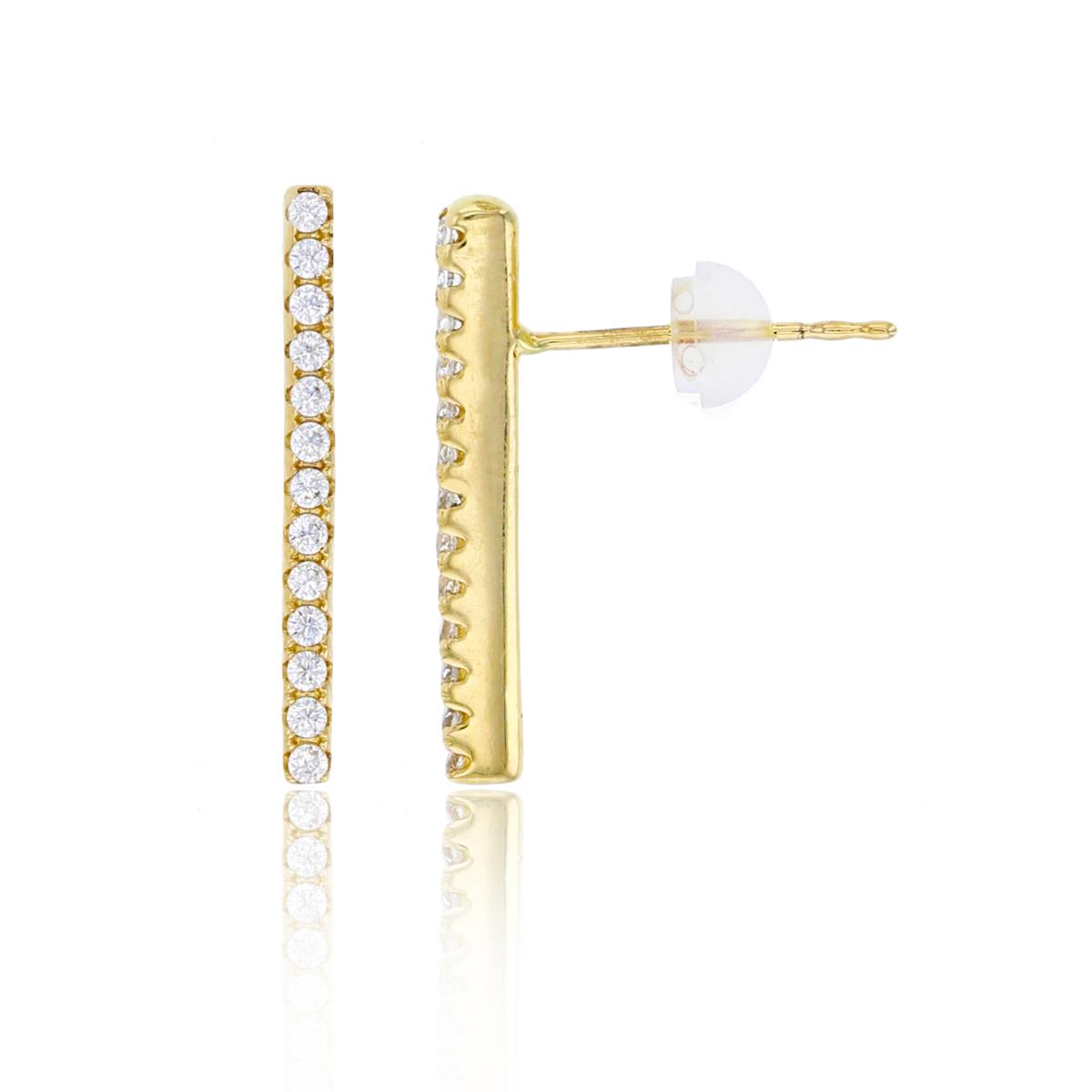 14K Yellow Gold 17x1.5mm Micropave Rd Cut CZ Bar Drop Earring with Silicone Back