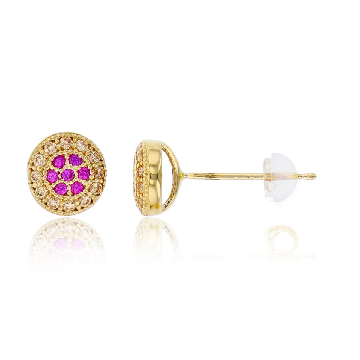 10K Yellow Gold 6x6mm Micropave Ruby & Champagne CZ Milgrain Cluster Stud Earring with Silicone Back