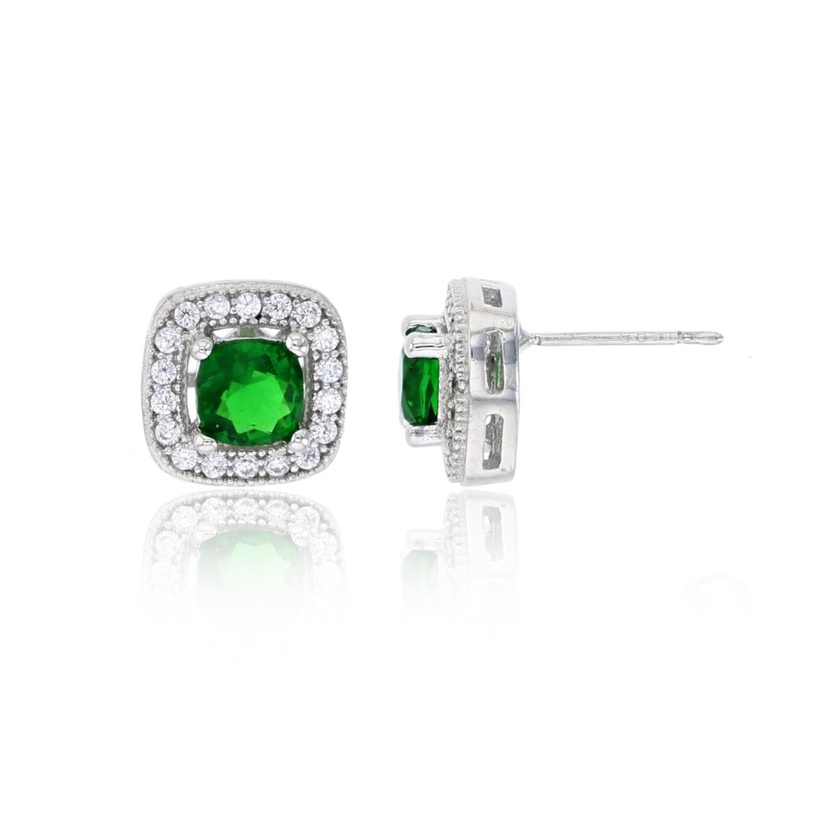10K White Gold 4x4mm Emerald Cushion Cut & White Rd CZ Milgrain Frame Stud Earring (No Back)