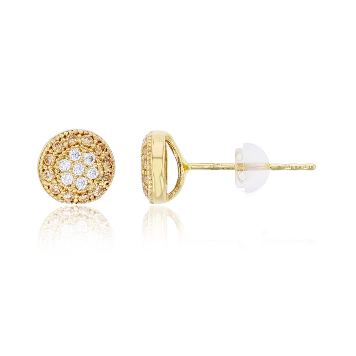 10K Yellow Gold 6x6mm Micropave White & Champagne CZ Milgrain Cluster Stud Earring with Silicone Back