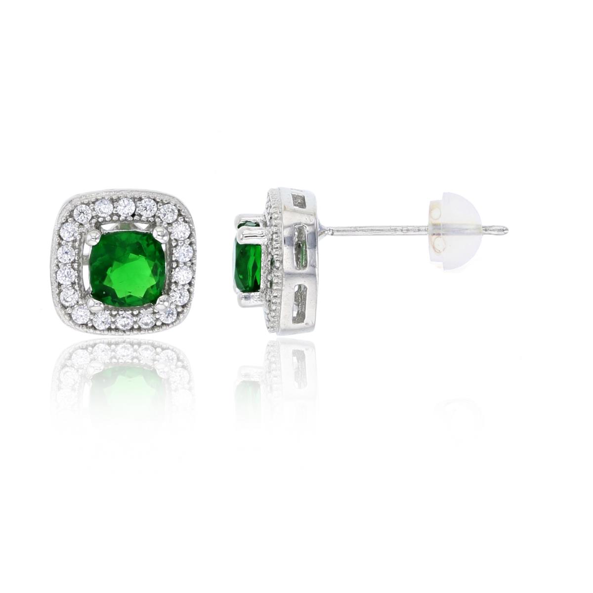 14K White Gold 4x4mm Emerald Cushion Cut & White Rd CZ Milgrain Frame Stud Earring with Silicone Back