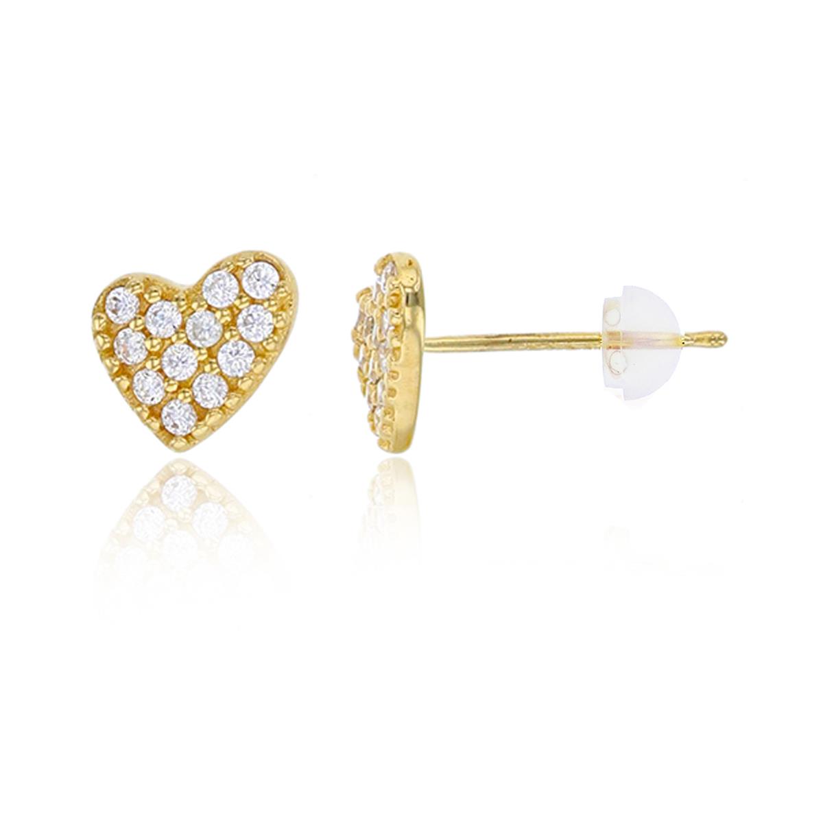 14K Yellow Gold 6x6mm Micropave CZ Tilted Heart Stud Earring with Silicone Back