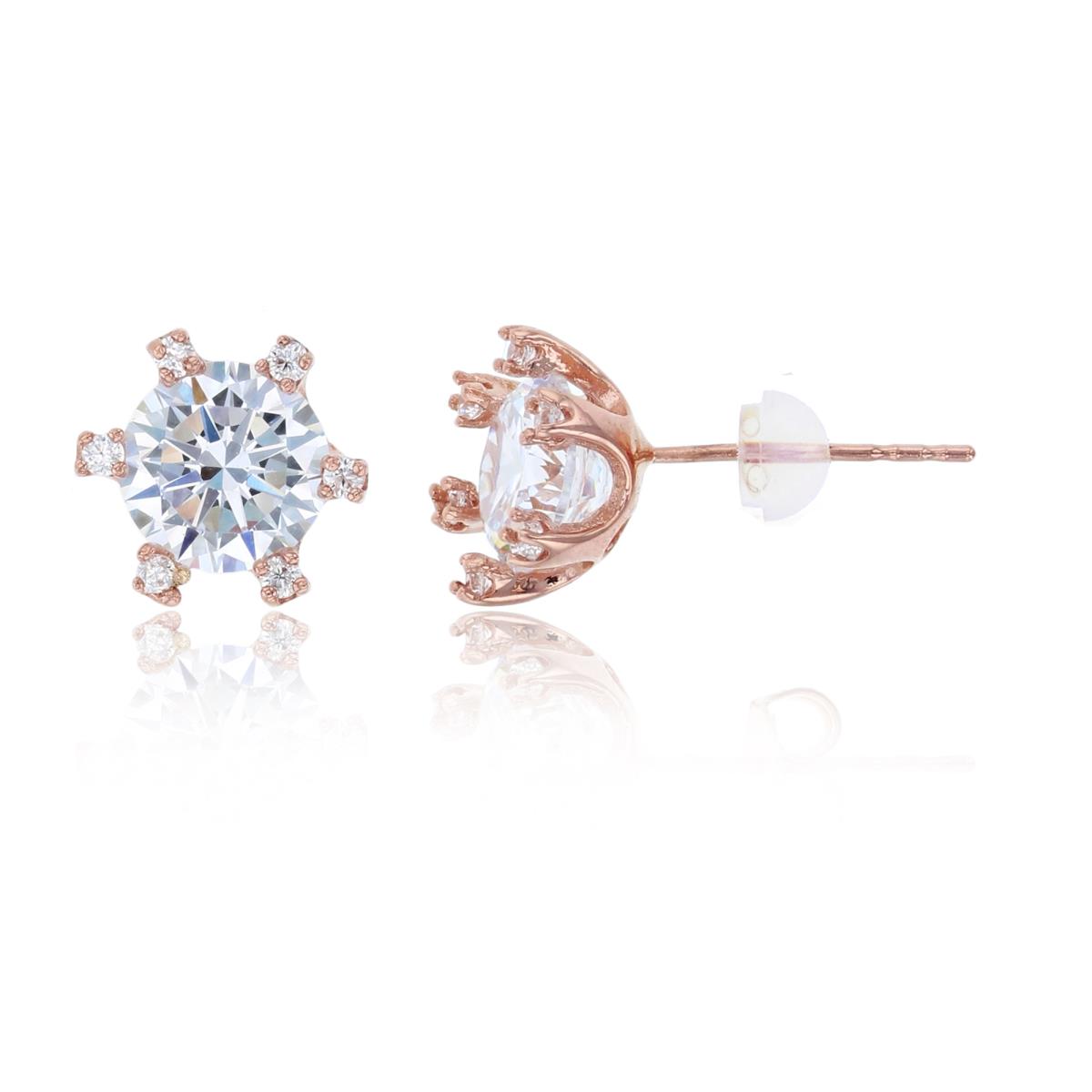 14K Rose Gold 6.50mm Round Cut Basket Set with CZ Sides Stud Earring with Silicone Back