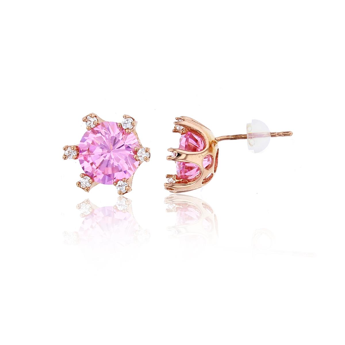 14K Rose Gold 6.50mm Pink Round Cut Basket Set with White CZ Sides Stud Earring with Silicone Back