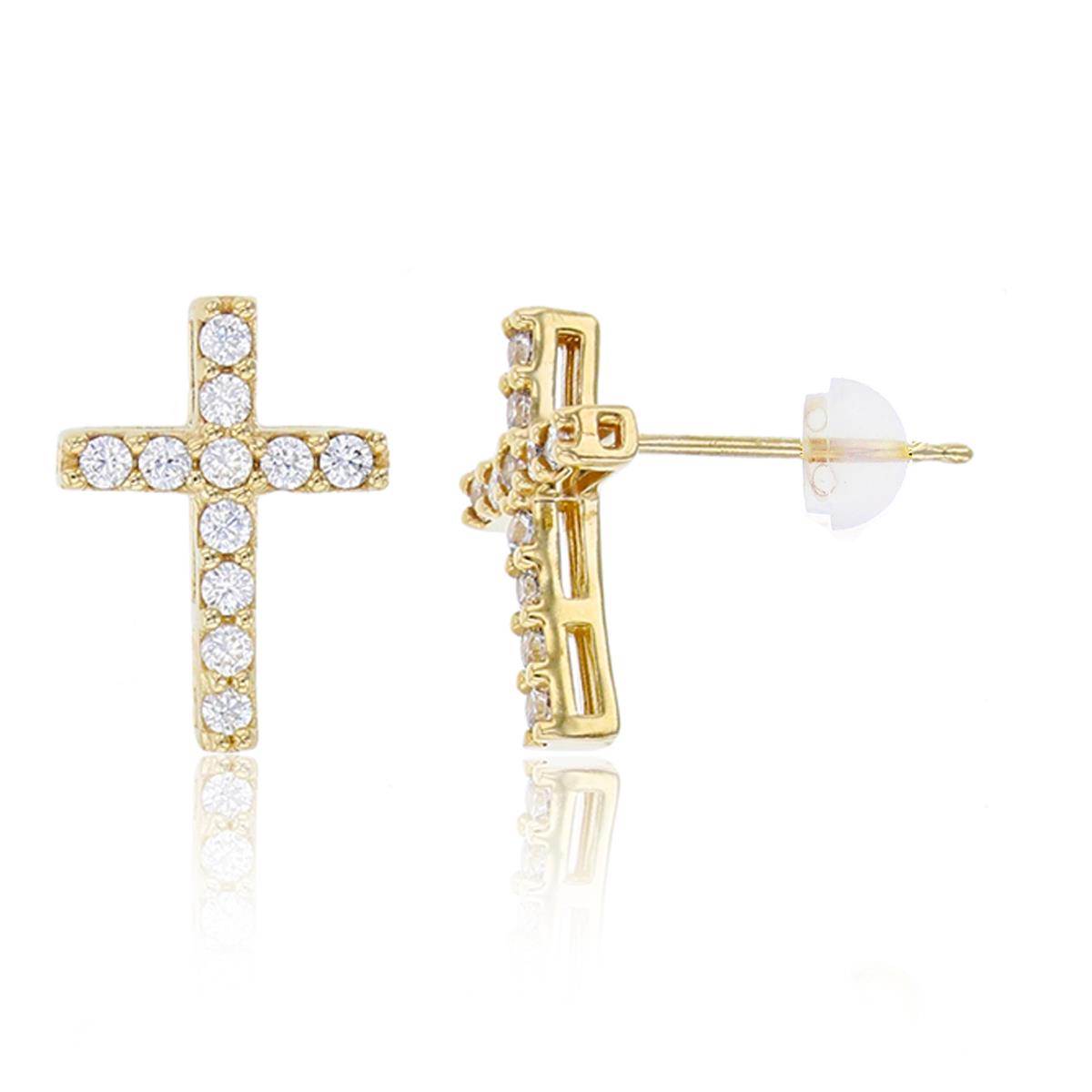 14K Yellow Gold 11x8mm Micropave CZ Cross Stud Earring with Silicone Back