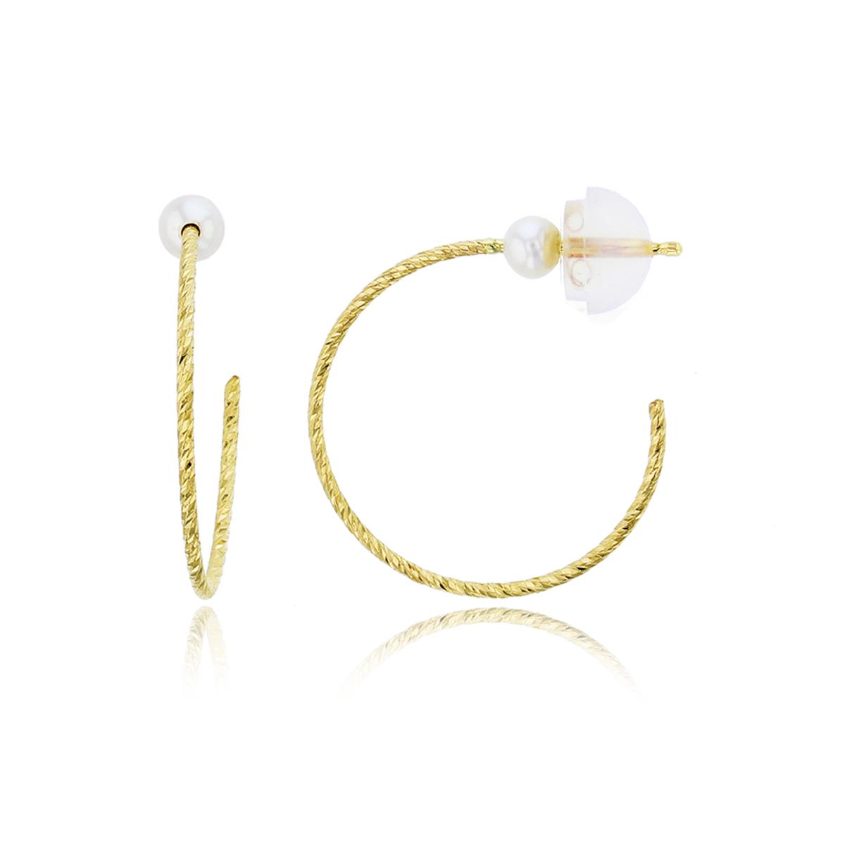 14K Yellow Gold 4mm FWP Bead & Twisted Diamond Cut Half Hoop Earring with Silicone Back