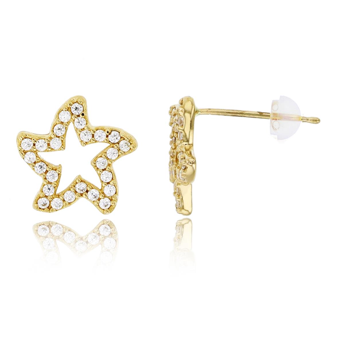 10K Yellow Gold 10x10mm Micropave CZ Open Star Stud Earring with Silicone Back
