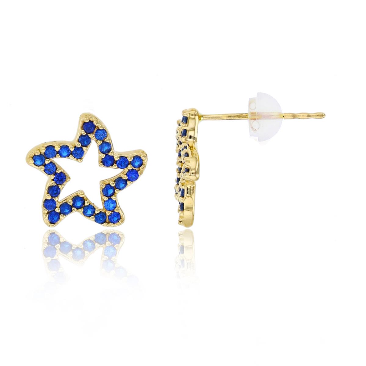 10K Yellow Gold 10x10mm Micropave Sapphire CZ Open Star Stud Earring with Silicone Back