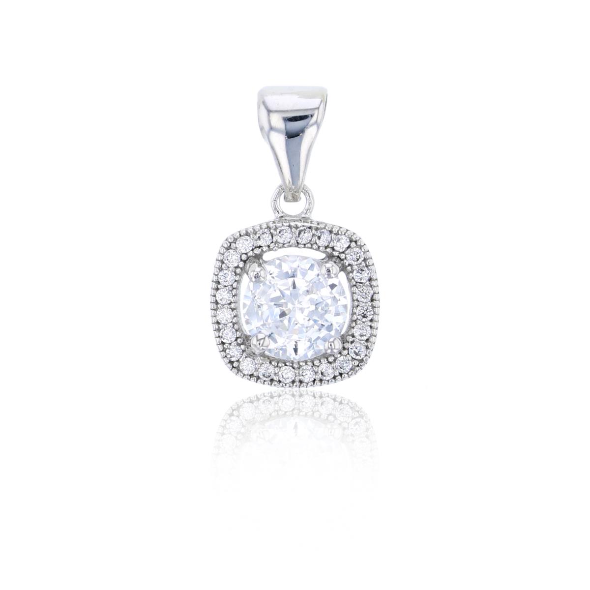 Sterling Silver Rhodium White 6mm Round Cut CZ Square Halo Pendant